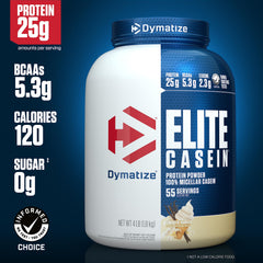Close-up del polvo Dymatize Elite Casein con textura cremosa beneficiosa