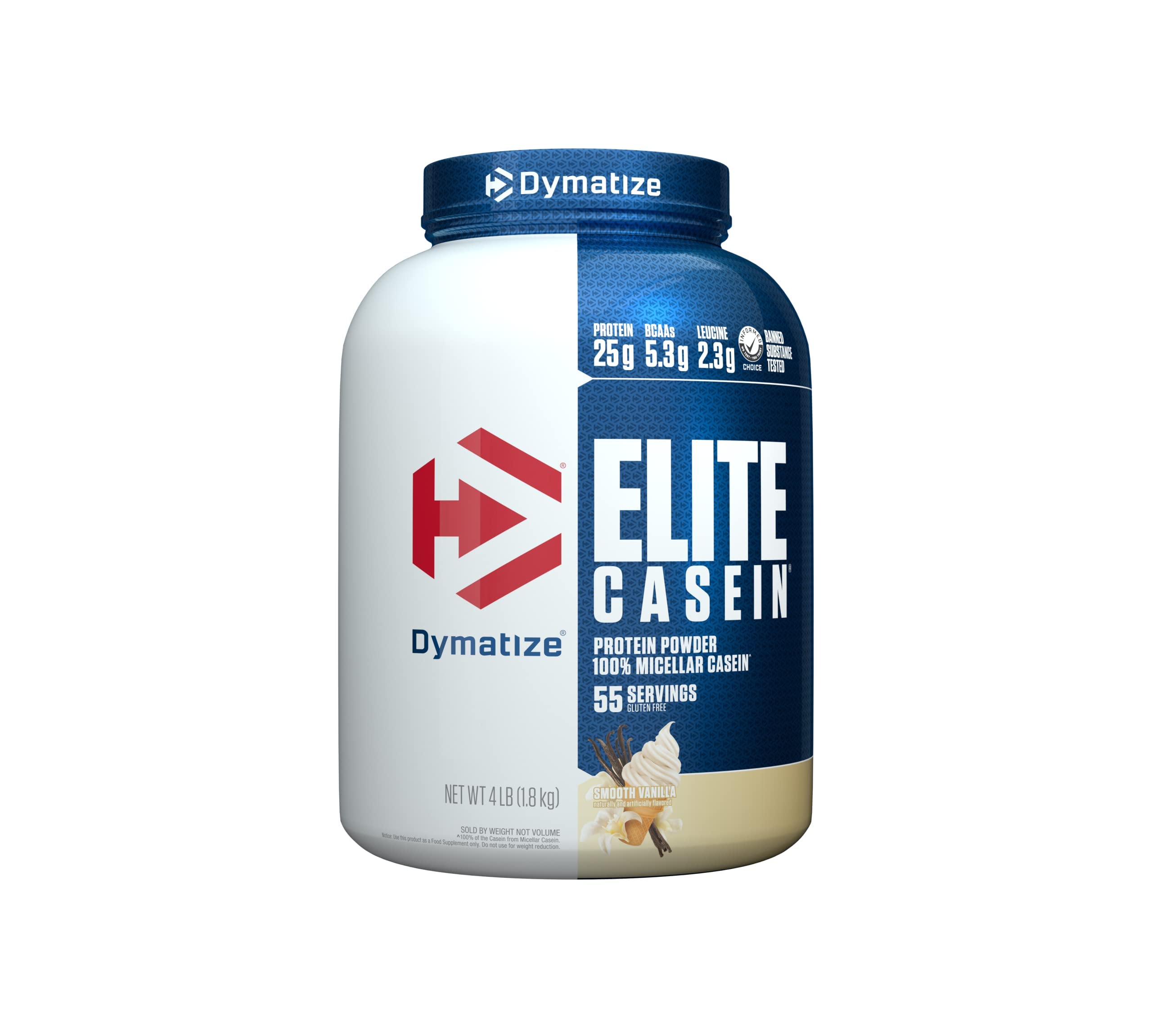Dymatize envase Elite Casein mostrando diseño y cantidad útil