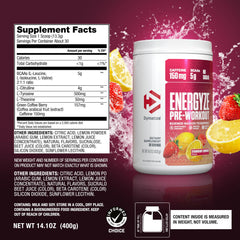 Cuchara medidora junto al bote Dymatize Energyze para comparar la porción y dosificación