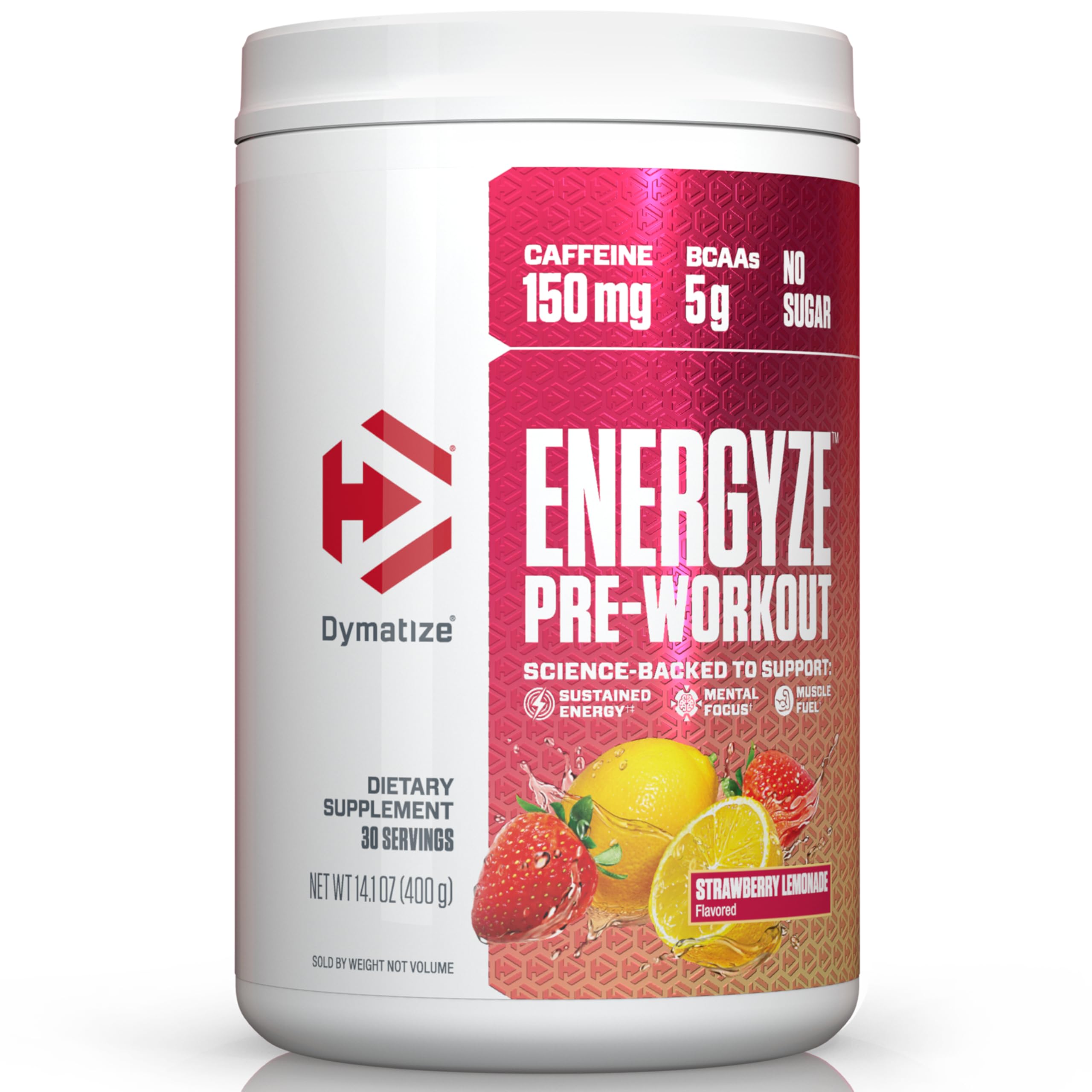 Envase Dymatize Energyze Fresa Limonada mostrando diseño y tamaño, fácil identificación