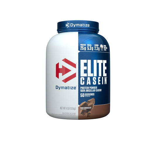 Dymatize envase frontal chocolate mostrando 50 raciones y beneficio de proteína sostenida