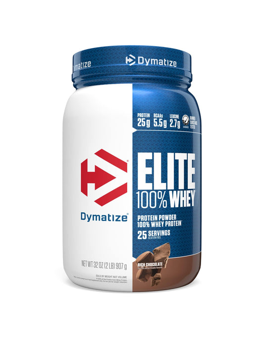 Dymatize envase frontal chocolate mostrando etiqueta y beneficios nutricionales