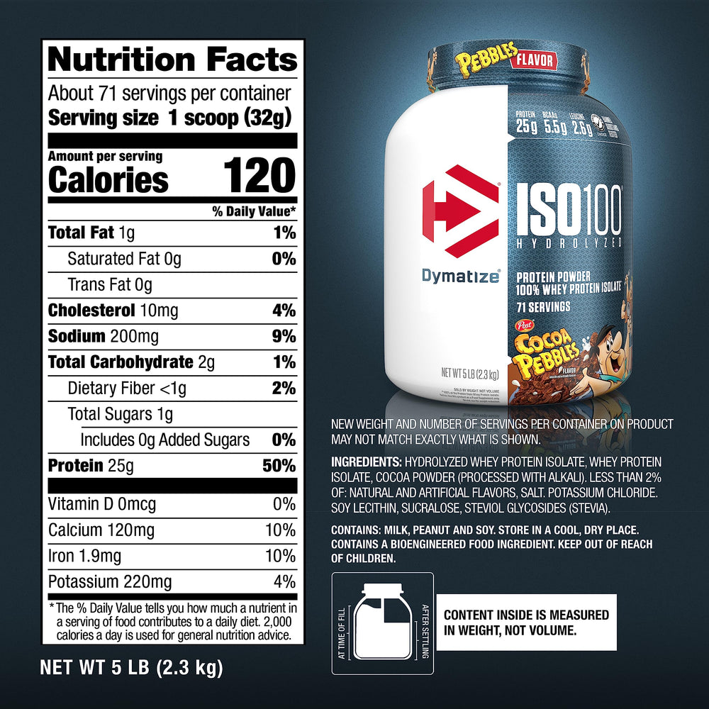 Dymatize etiqueta con información nutricional mostrando pureza y macros
