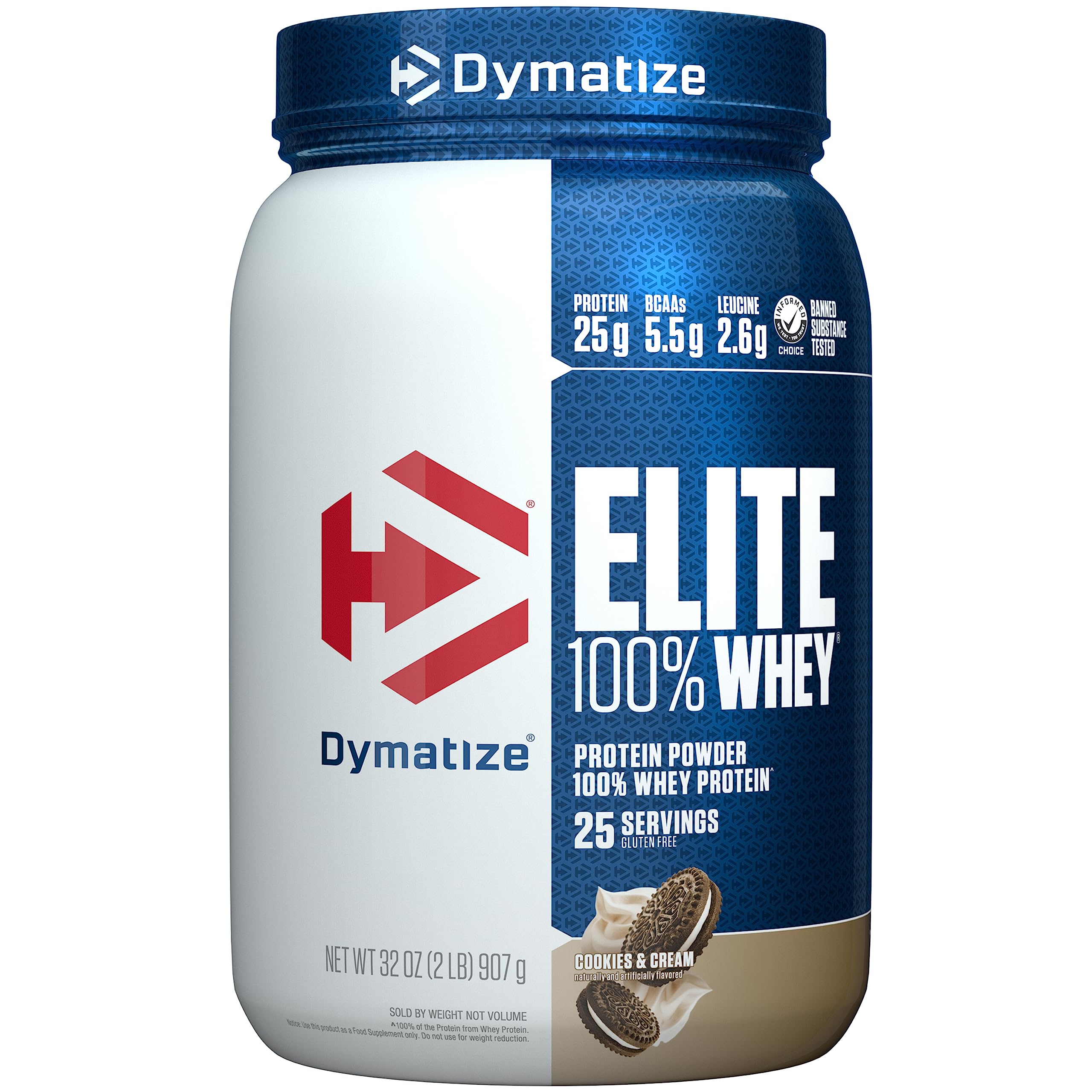 Dymatize envase frontal Cookies & Cream mostrando etiqueta y beneficio proteico