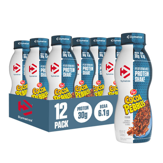 Dymatize frente del envase Cocoa Pebbles mostrando diseño y beneficio práctico