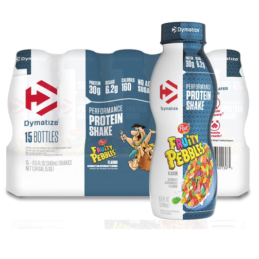 Dymatize batido Fruity Pebbles frente de envase mostrando marca y beneficio listo para beber