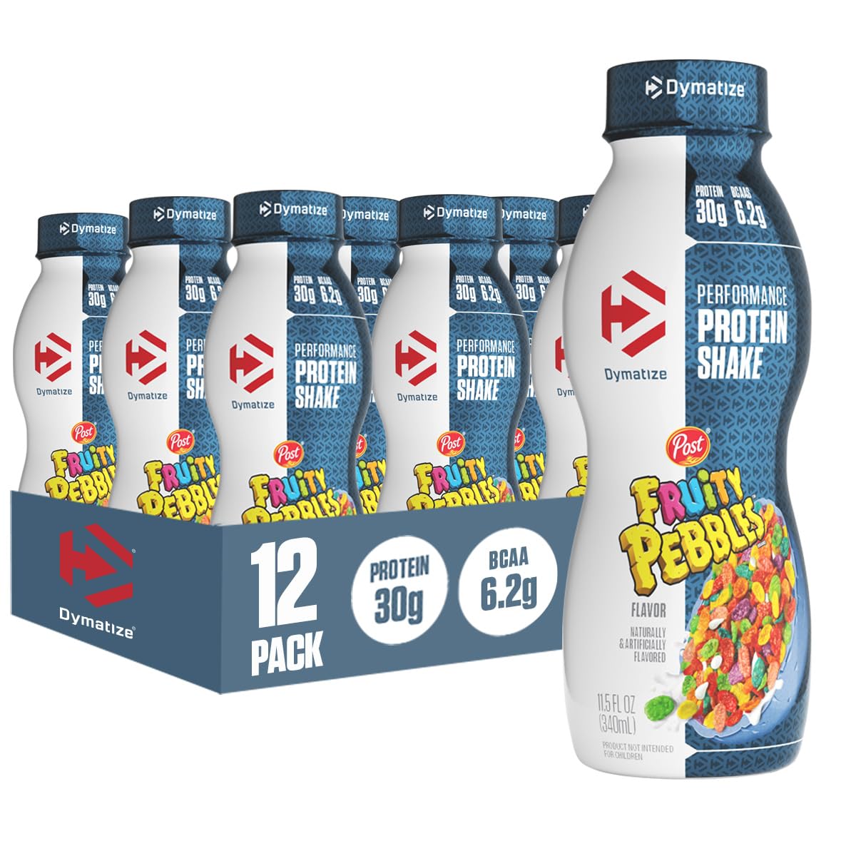 Dymatize botella frontal mostrando diseño y sabor Fruity Pebbles, práctico para llevar