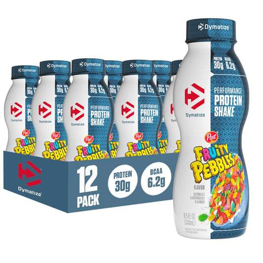 Dymatize botella frontal mostrando diseño y sabor Fruity Pebbles, práctico para llevar