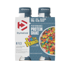 Dymatize botella frontal mostrando 30 g de proteína y diseño Fruity Pebbles