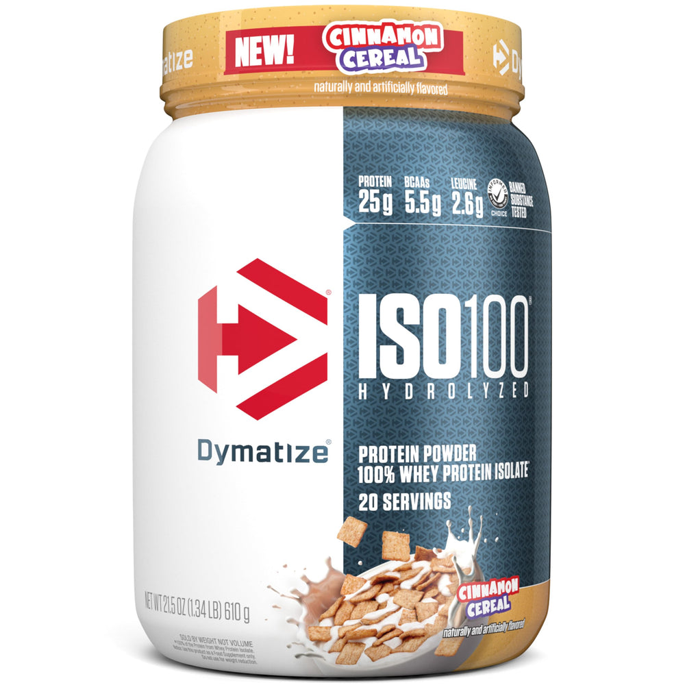 Dymatize bote frontal mostrando sabor cinnamon cereal y beneficios de pureza