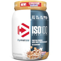 Dymatize bote frontal mostrando sabor cinnamon cereal y beneficios de pureza
