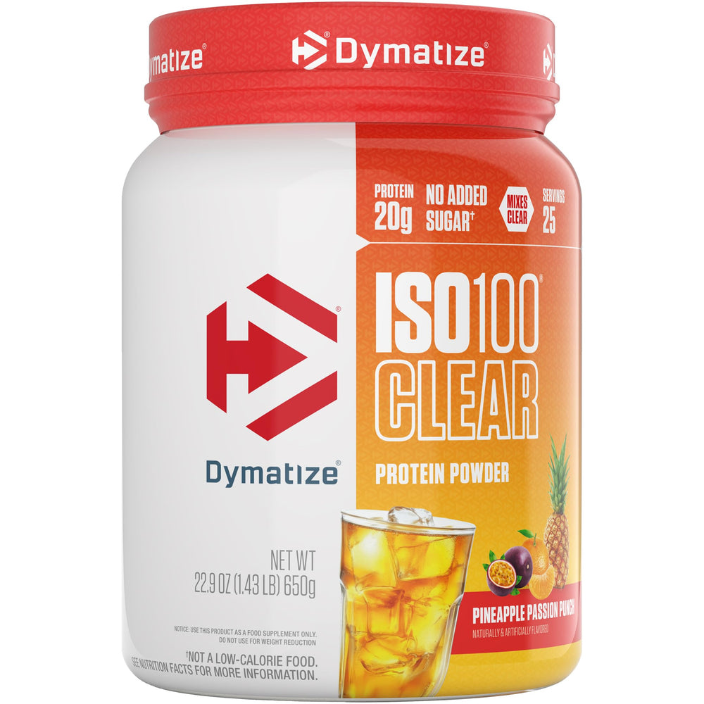 Dymatize envase ISO100 Clear Piña Passion mostrando diseño y tamaño útil