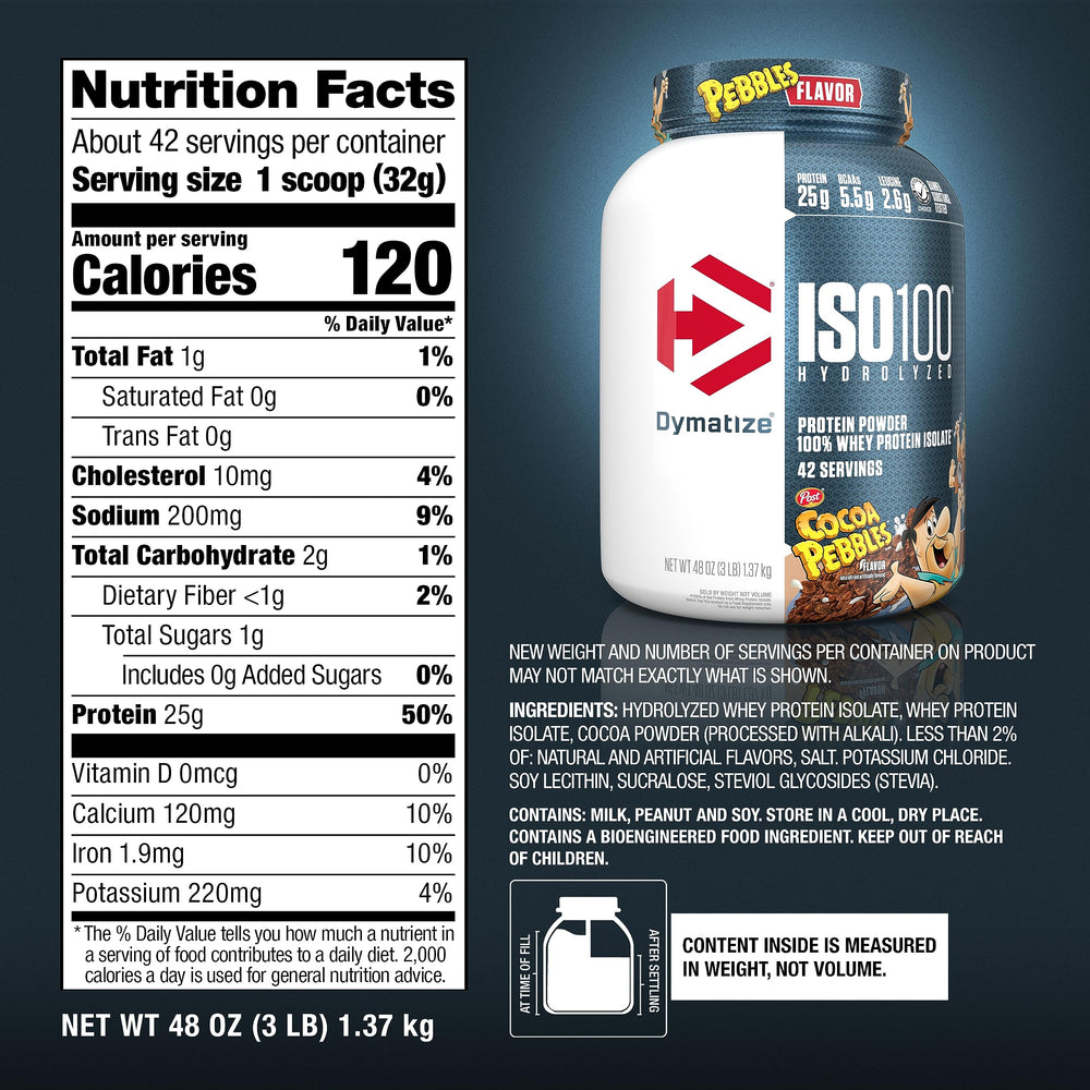 Detalle de etiqueta Dymatize ISO100 con información nutricional clara y beneficios