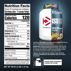 Detalle de etiqueta Dymatize ISO100 con información nutricional clara y beneficios