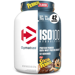 Dymatize ISO100 envase frontal mostrando sabor Cocoa Pebbles y beneficio de alta pureza