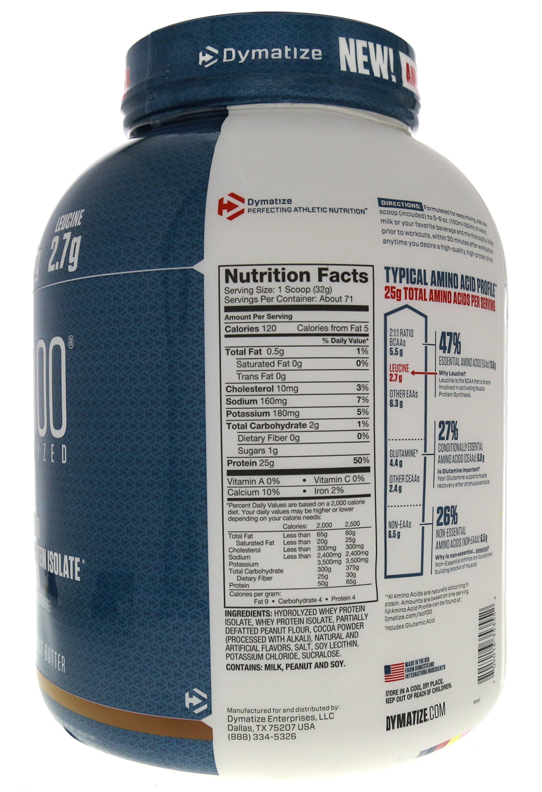 Dymatize empaque lateral con sellos y certificaciones de calidad visibles