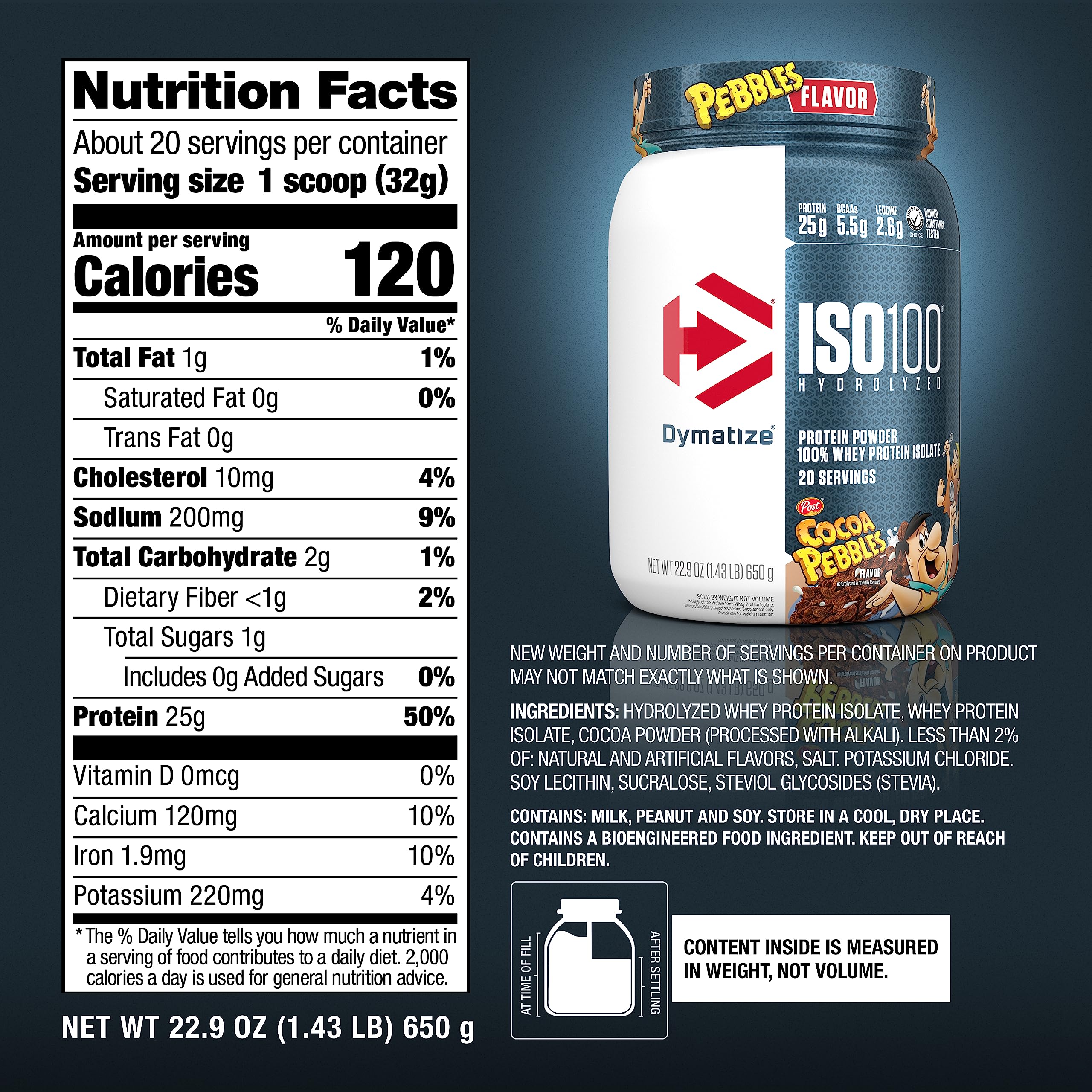 Dymatize ISO100 etiqueta nutricional enfocada en proteína, BCAA y bajo en azúcares