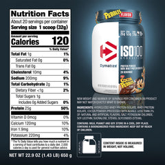 Dymatize ISO100 etiqueta nutricional enfocada en proteína, BCAA y bajo en azúcares