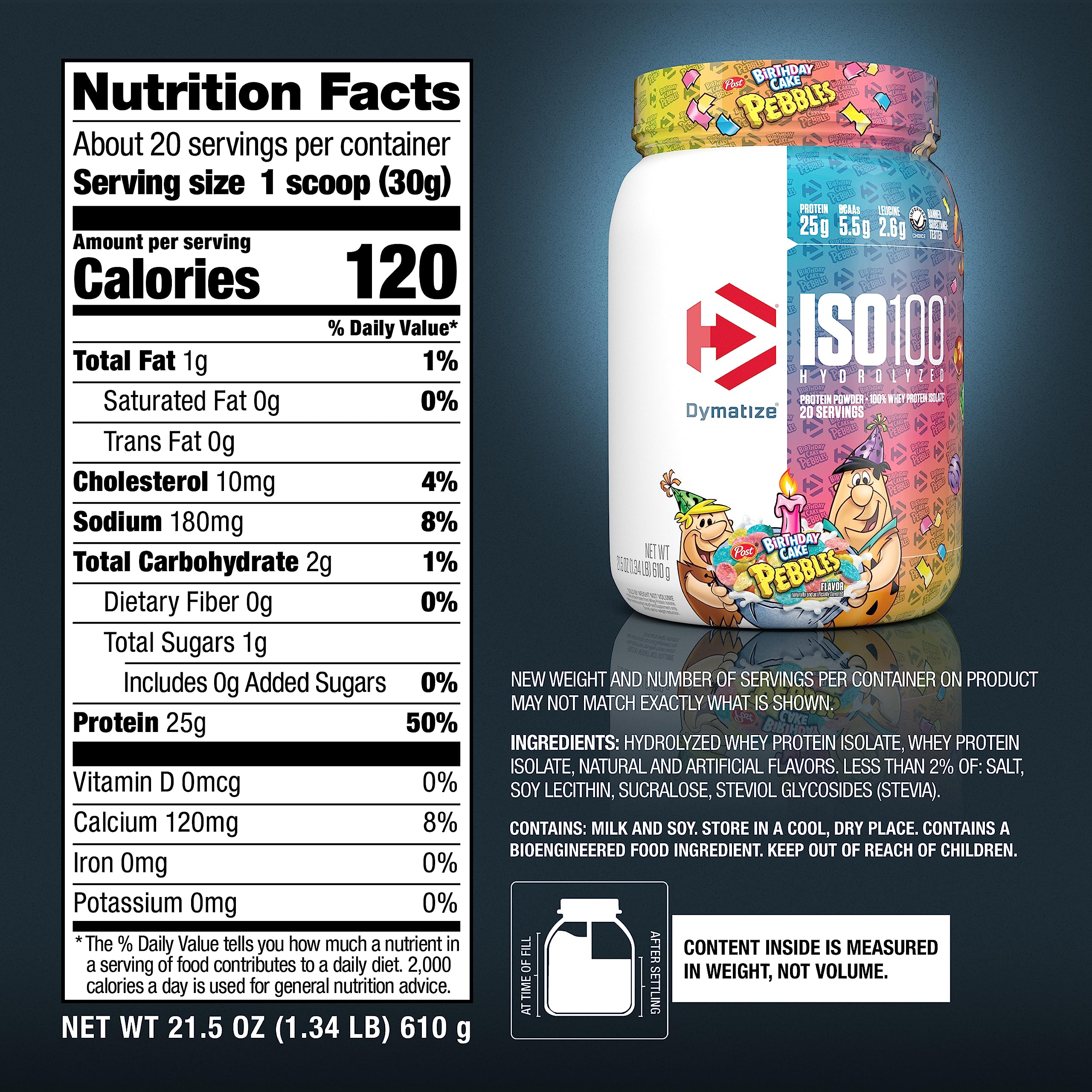 Dymatize etiqueta nutricional ISO100 detalle de proteína y BCAA