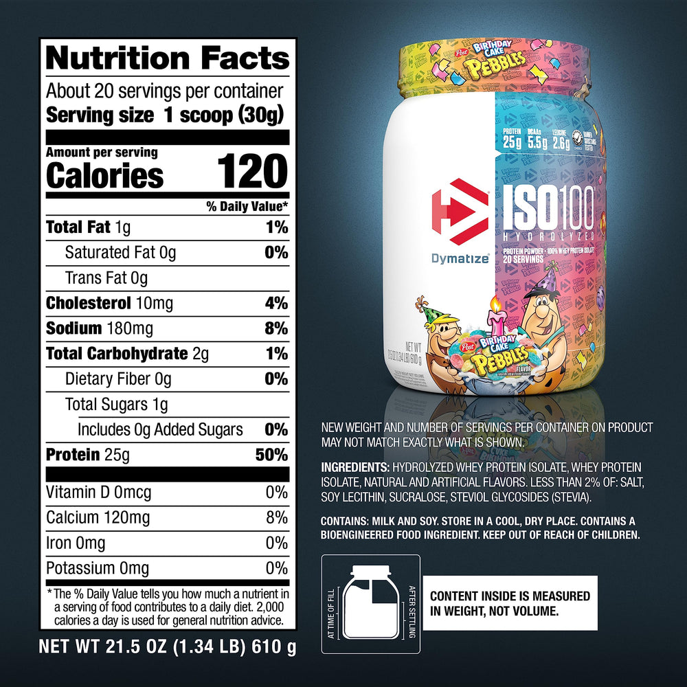 Dymatize etiqueta nutricional ISO100 detalle de proteína y BCAA
