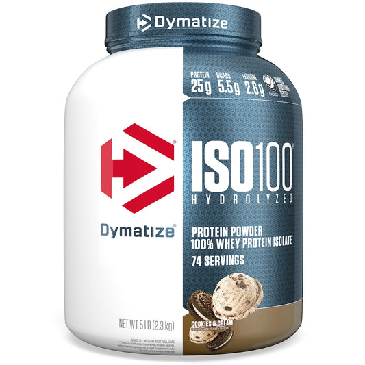 Dymatize frasco frontal Cookies & Cream mostrando marca y tamaño, ideal para confianza