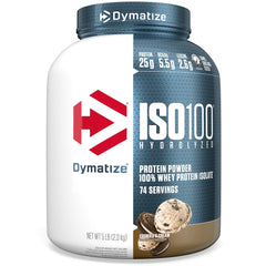 Dymatize frasco frontal Cookies & Cream mostrando marca y tamaño, ideal para confianza