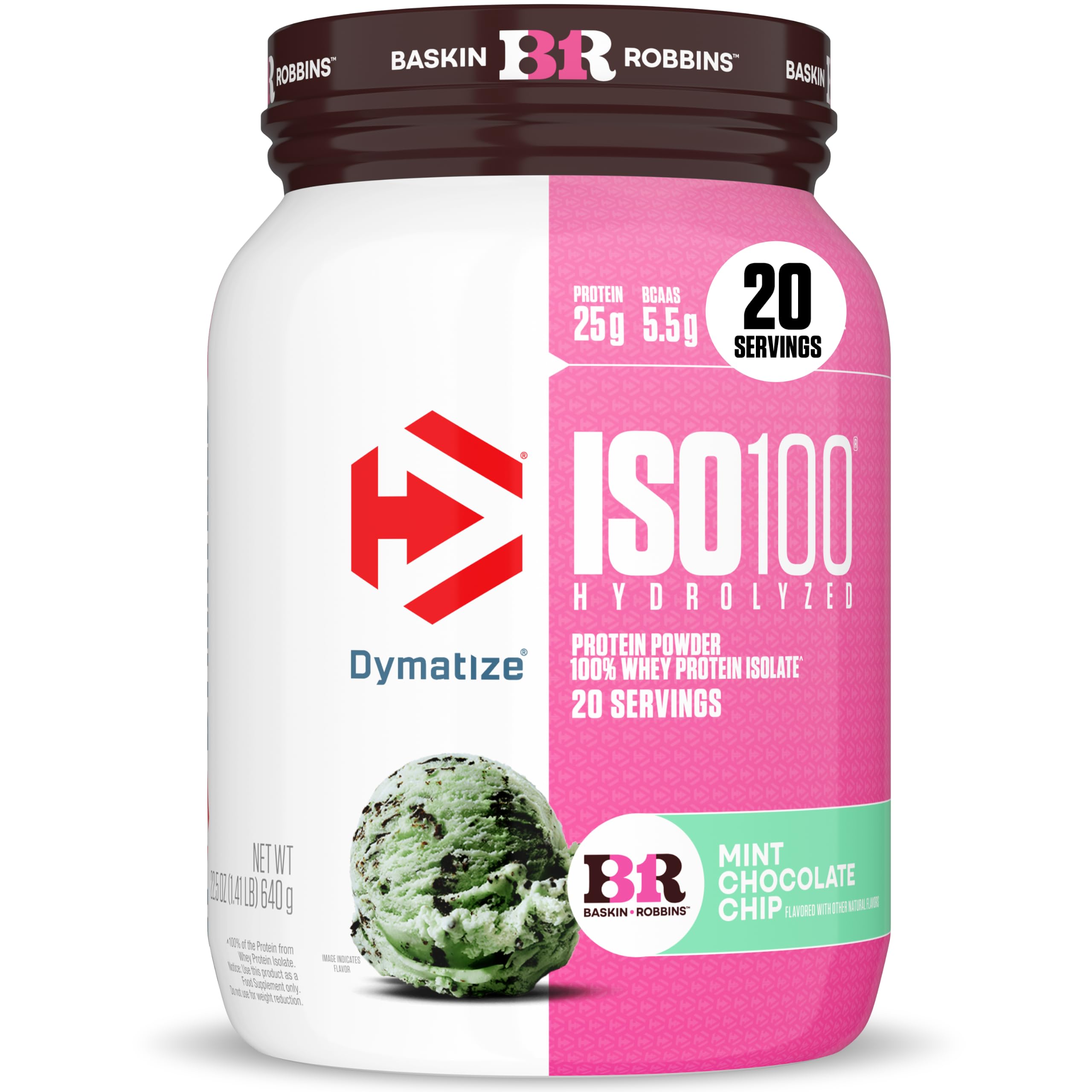 Dymatize envase frontal mostrando 25 g proteína por porción y sabor menta chocolate