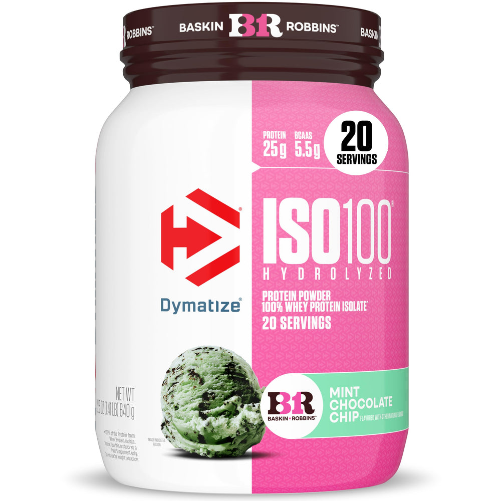 Dymatize envase frontal mostrando 25 g proteína por porción y sabor menta chocolate