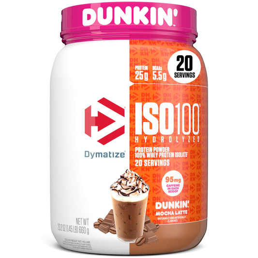 Dymatize ISO100 envase frontal Mocha Latte mostrando etiqueta y beneficios