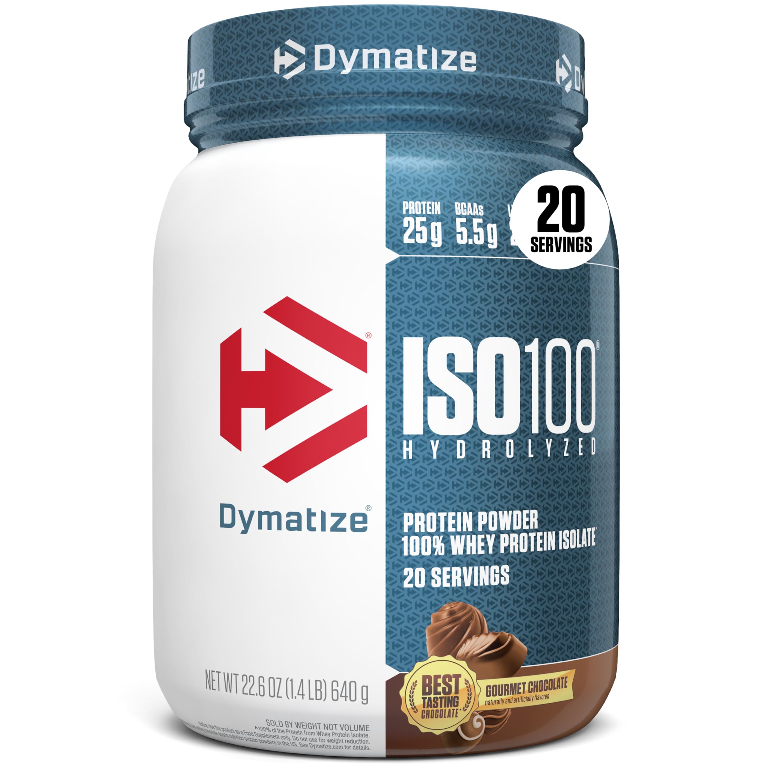 Dymatize ISO100 frente del envase mostrando sabor y beneficio de pureza