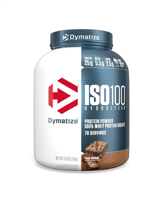 Dymatize envase frontal mostrando sabor fudge brownie y claridad del producto
