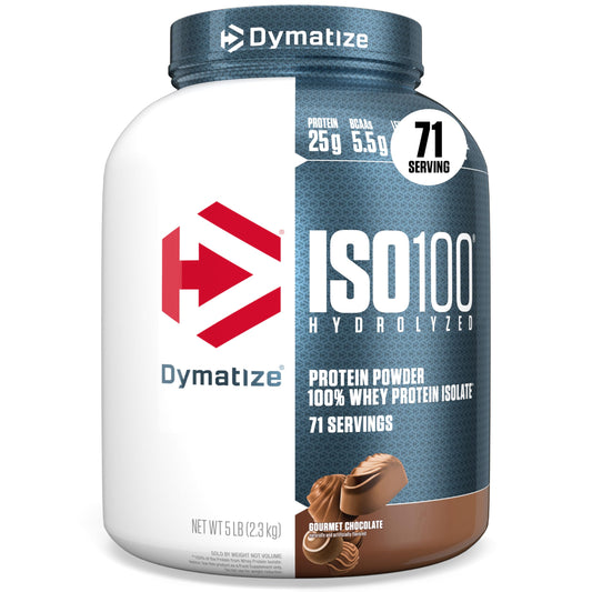 Dymatize envase frontal mostrando marca y beneficio alta proteína