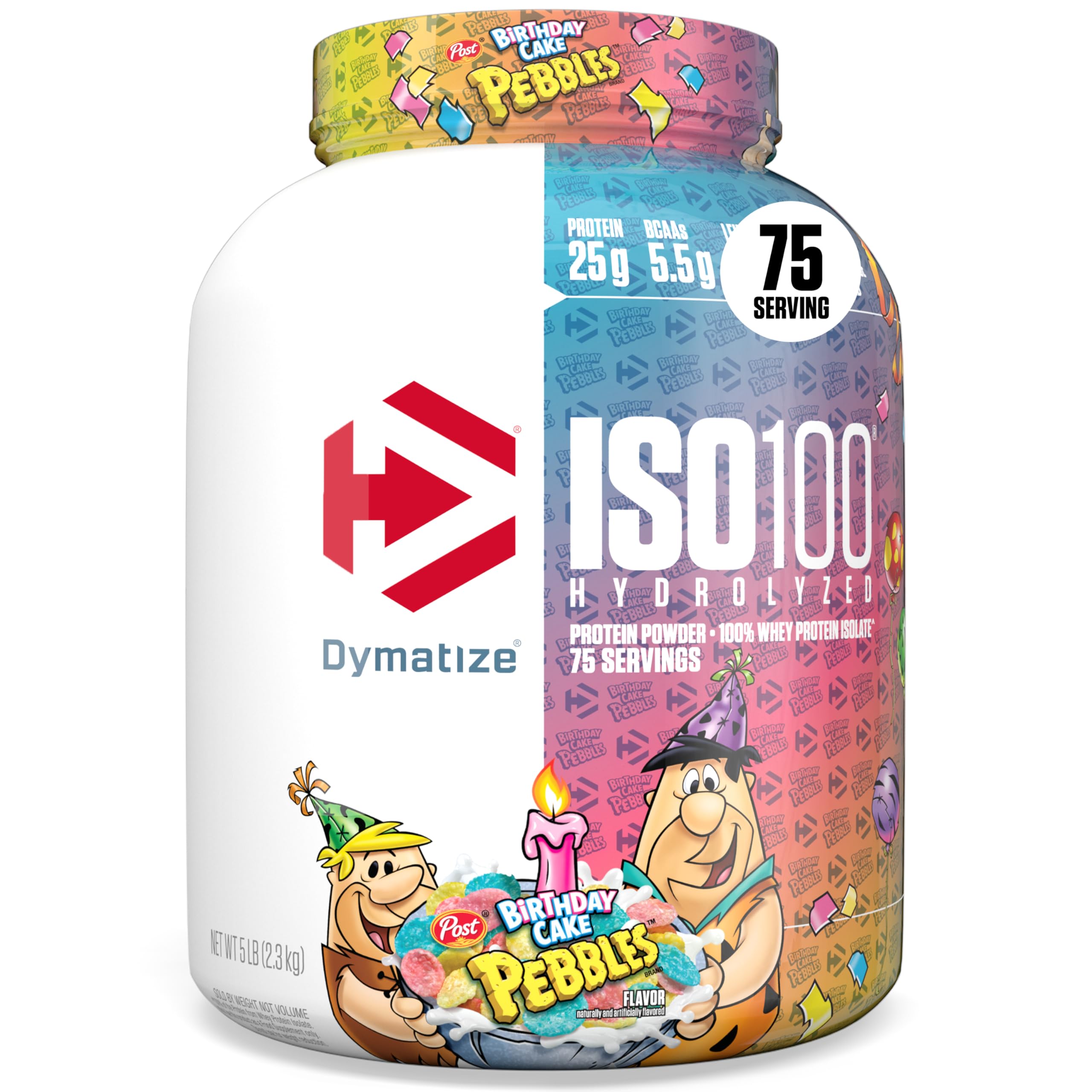 Dymatize ISO100 frontal del envase mostrando diseño y sabor Birthday Cake, confianza visual