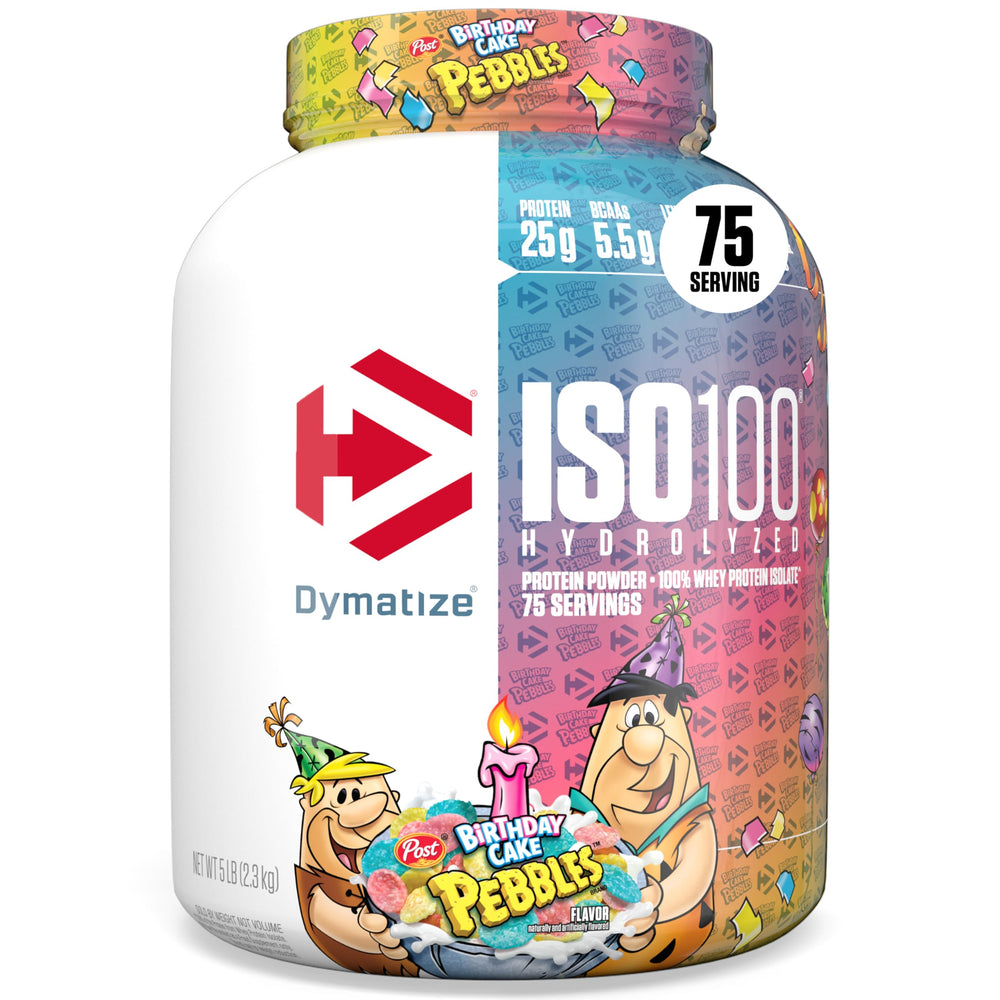 Dymatize ISO100 frontal del envase mostrando diseño y sabor Birthday Cake, confianza visual