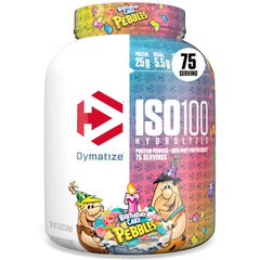 Dymatize ISO100 frontal del envase mostrando diseño y sabor Birthday Cake, confianza visual