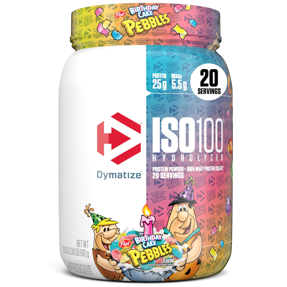 Dymatize envase ISO100 Birthday Cake mostrando diseño y beneficio visual