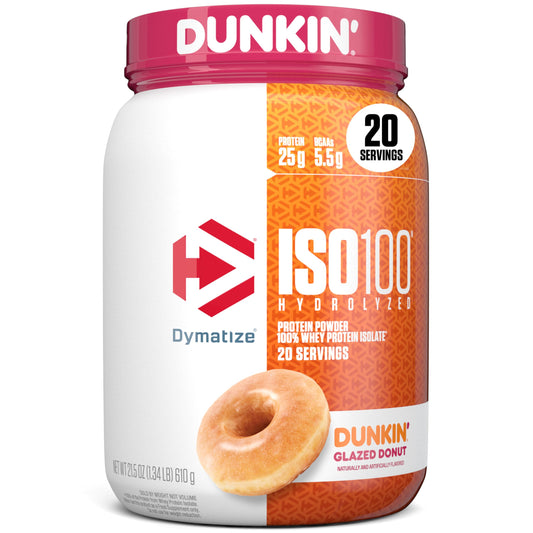 Dymatize envase frontal del producto mostrando sabor y beneficio de alta pureza