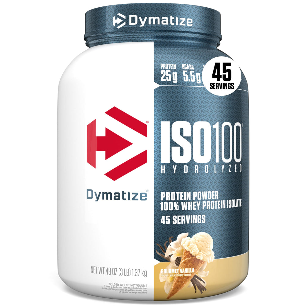 Dymatize envase frontal Vainilla Gourmet mostrando diseño y pureza