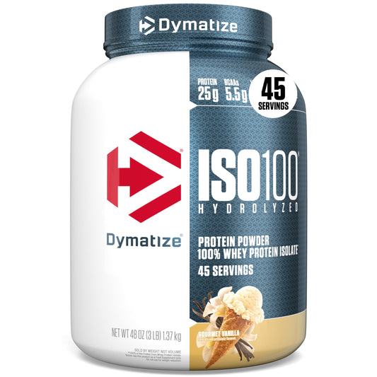Dymatize envase frontal Vainilla Gourmet mostrando diseño y pureza
