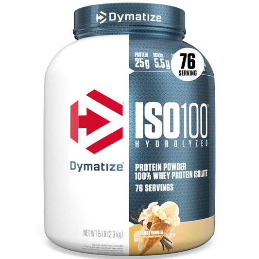 Dymatize envase frontal 5 lb mostrando diseño y sabor vainilla, claro y profesional