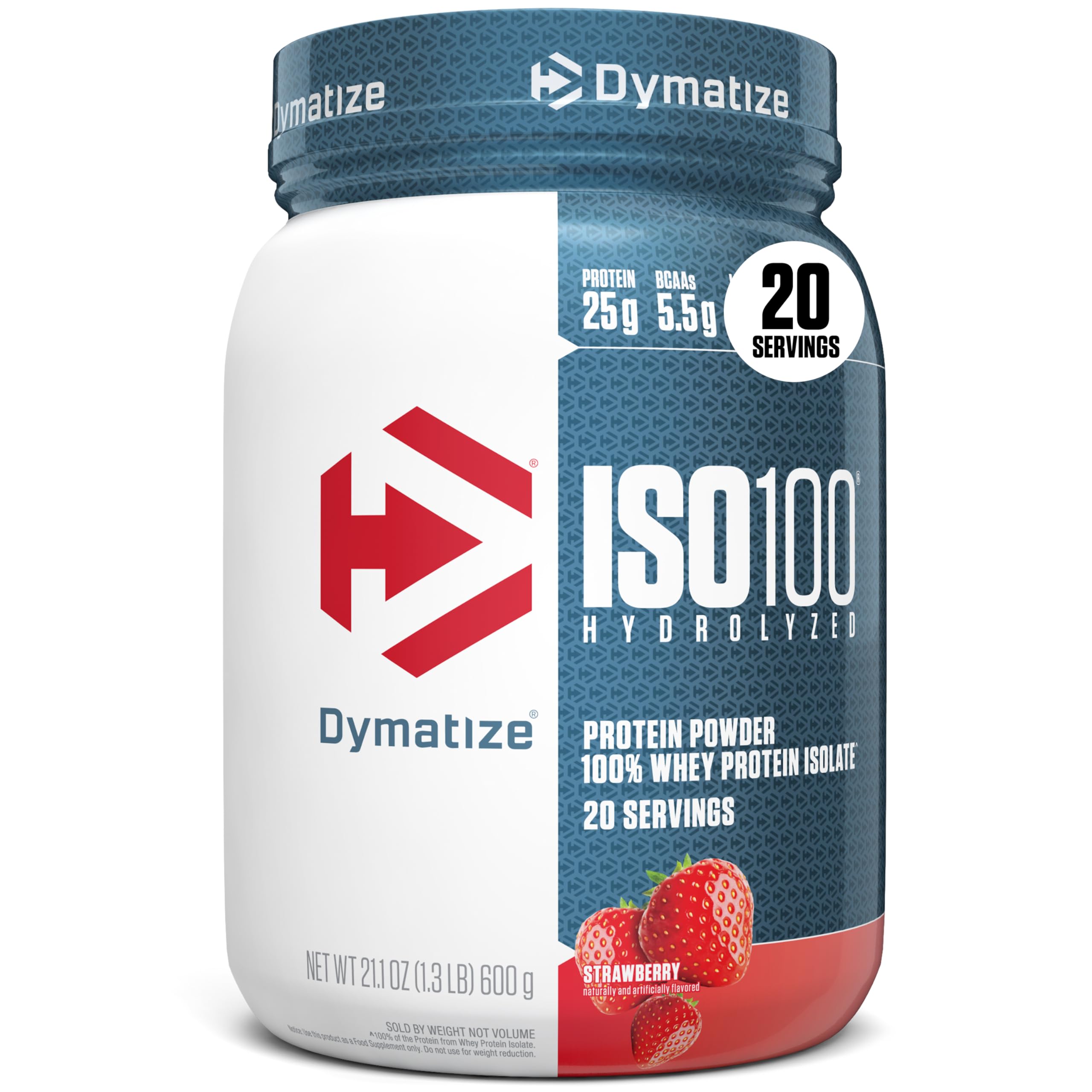 Dymatize ISO100 envase frontal mostrando sabor fresa y beneficios rápidos