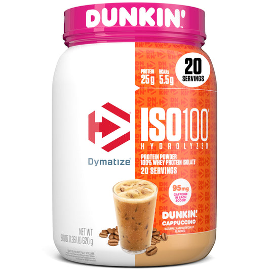 Dymatize envase frontal mostrando diseño y beneficio de proteína pura