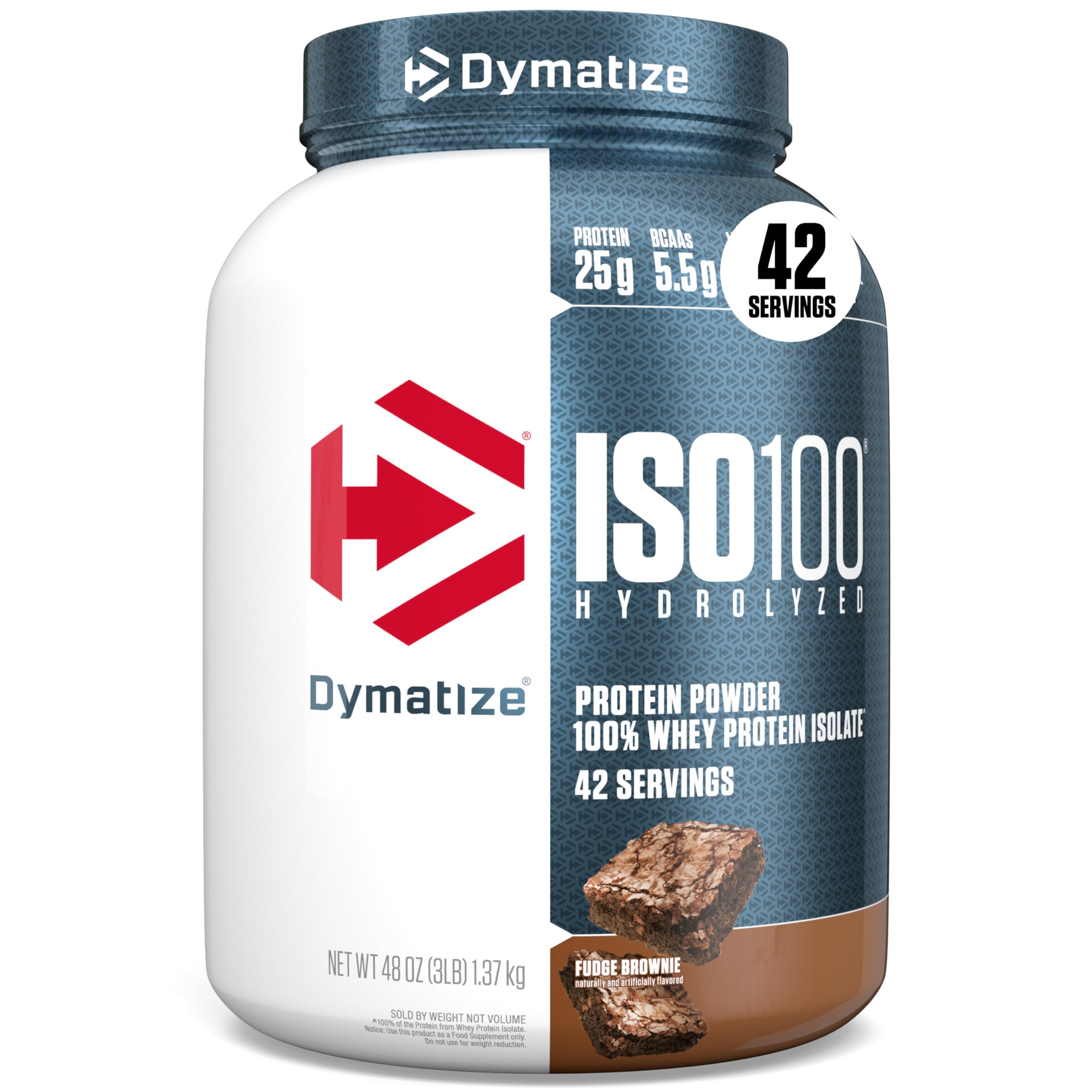 Dymatize envase frontal mostrando sabor Fudge Brownie y beneficios proteicos
