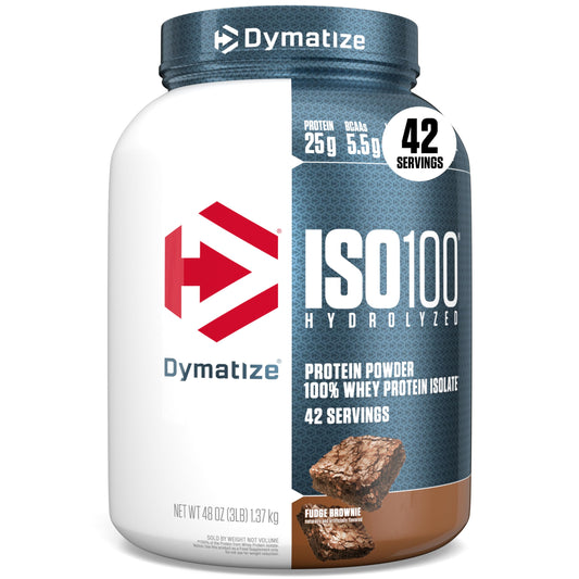 Dymatize envase frontal mostrando sabor Fudge Brownie y beneficios proteicos