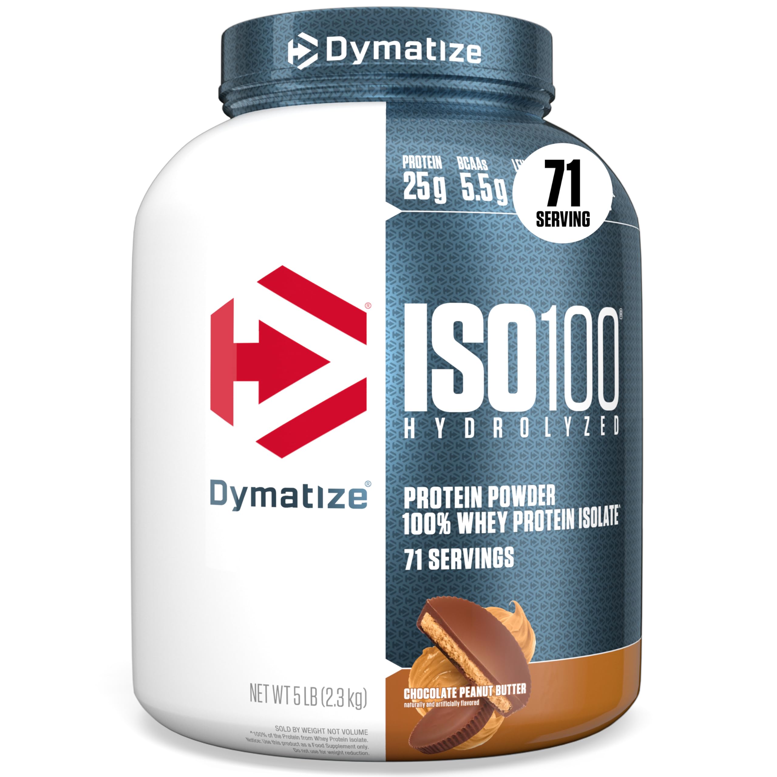 Dymatize envase frontal mostrando sabor Chocolate Peanut Butter y claridad de marca