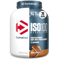 Dymatize envase frontal mostrando sabor Chocolate Peanut Butter y claridad de marca