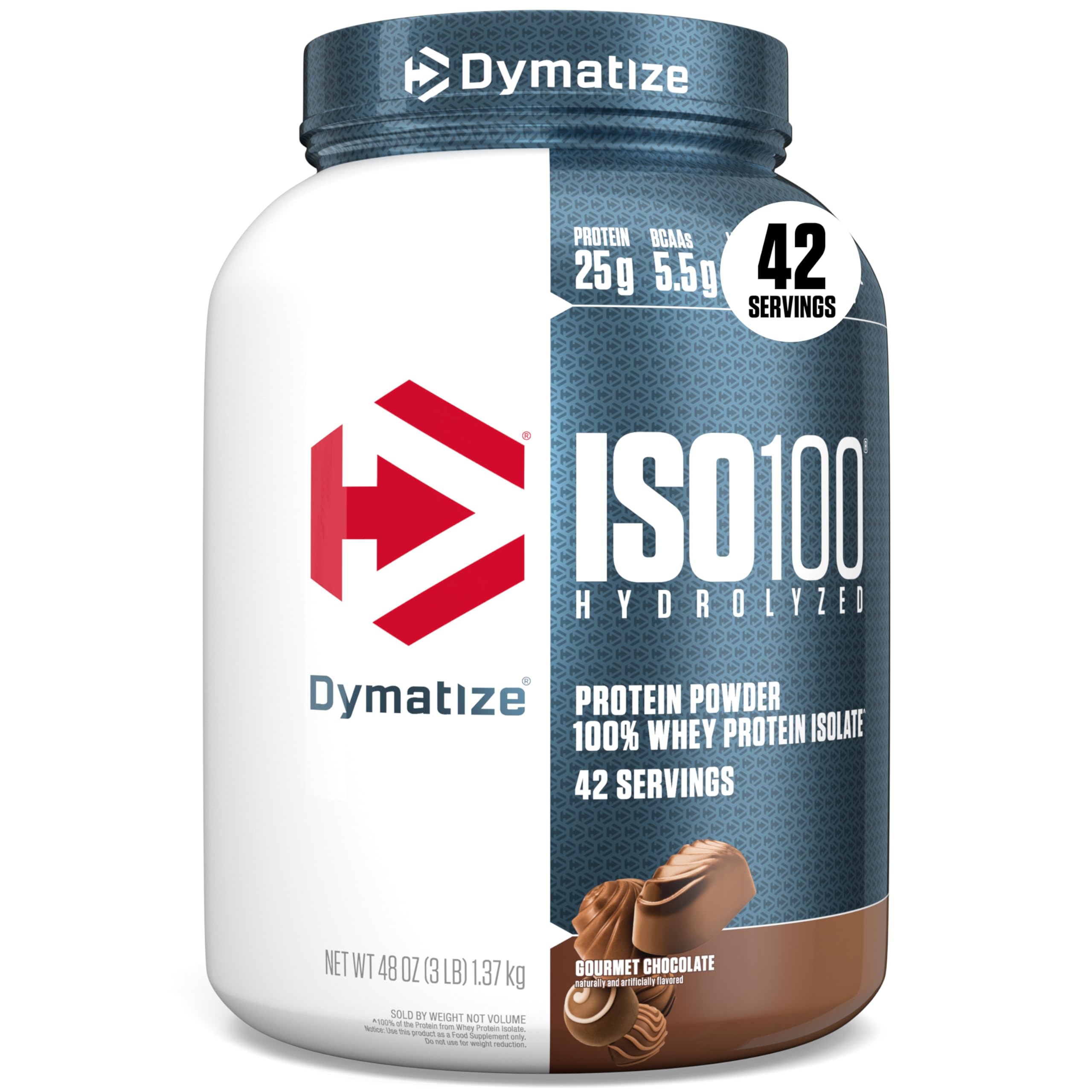 Dymatize ISO100 frontal del envase mostrando pureza y proteína