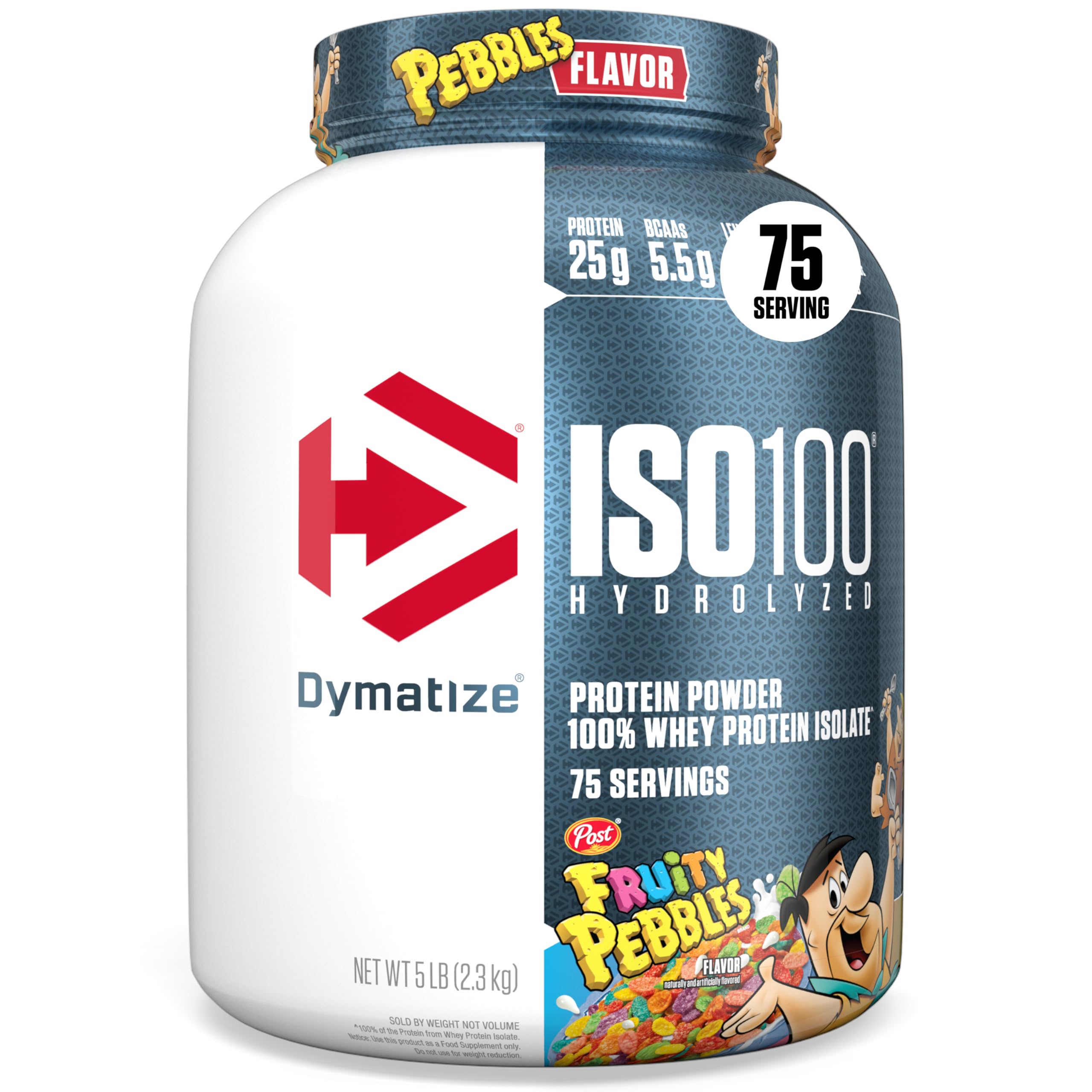 Dymatize envase frontal mostrando sabor Fruity Pebbles y fácil identificación del producto