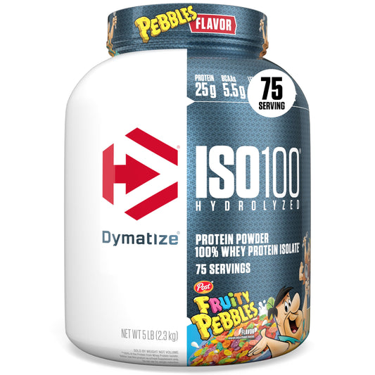 Dymatize envase frontal mostrando sabor Fruity Pebbles y fácil identificación del producto