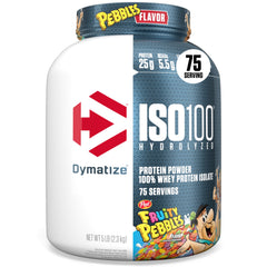 Dymatize envase frontal mostrando sabor Fruity Pebbles y fácil identificación del producto